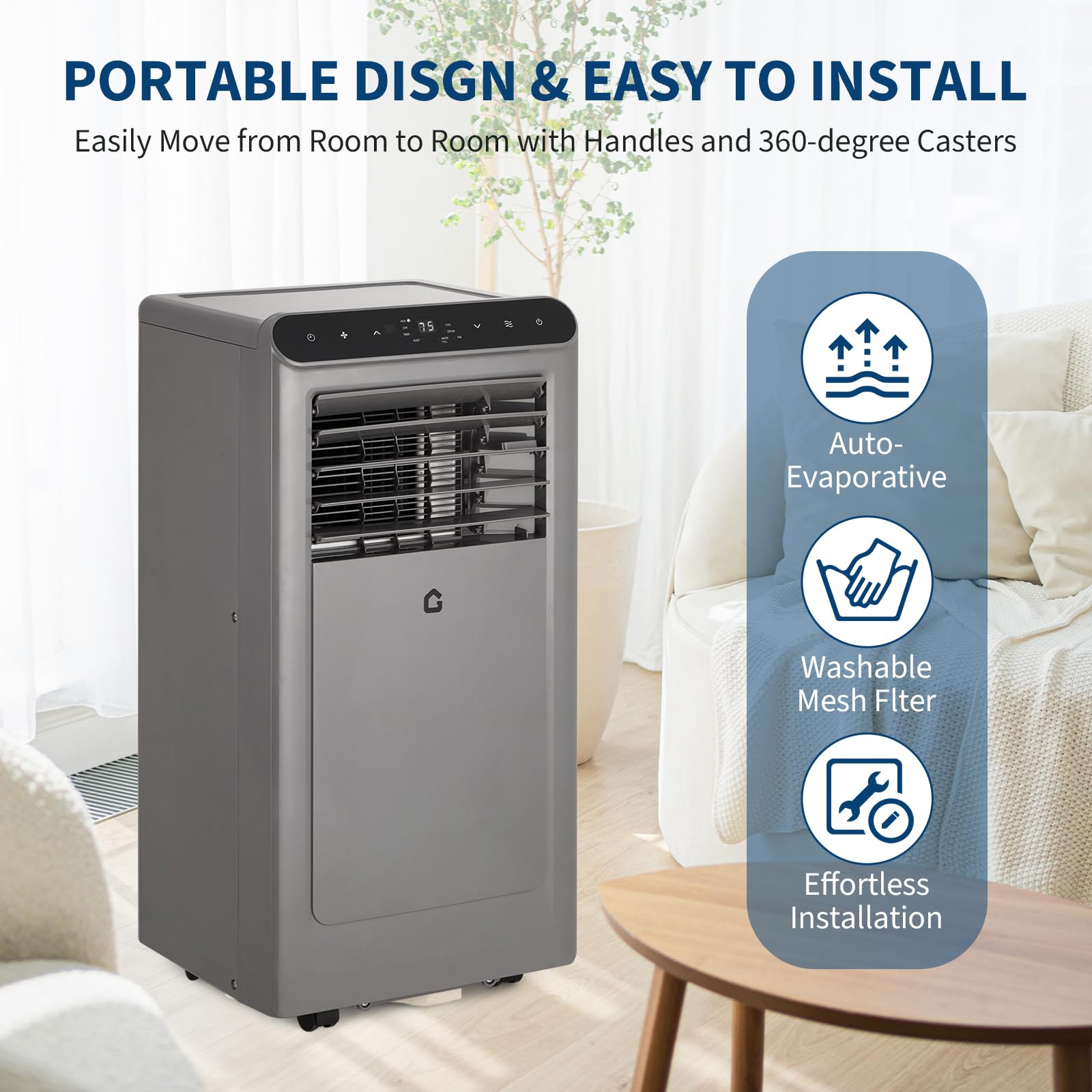 Aire acondicionado portátil de 8000 BTU con control remoto, unidad de CA silenciosa 4 en 1, deshumidificador y ventilador para habitaciones de 350 pies cuadrados. Incluye kit de ventana, temporizador 5