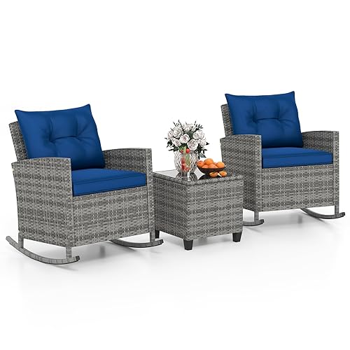 Tangkula 3 Piece Wicker Rocking Set, Patio Rattan Roker Chairs
