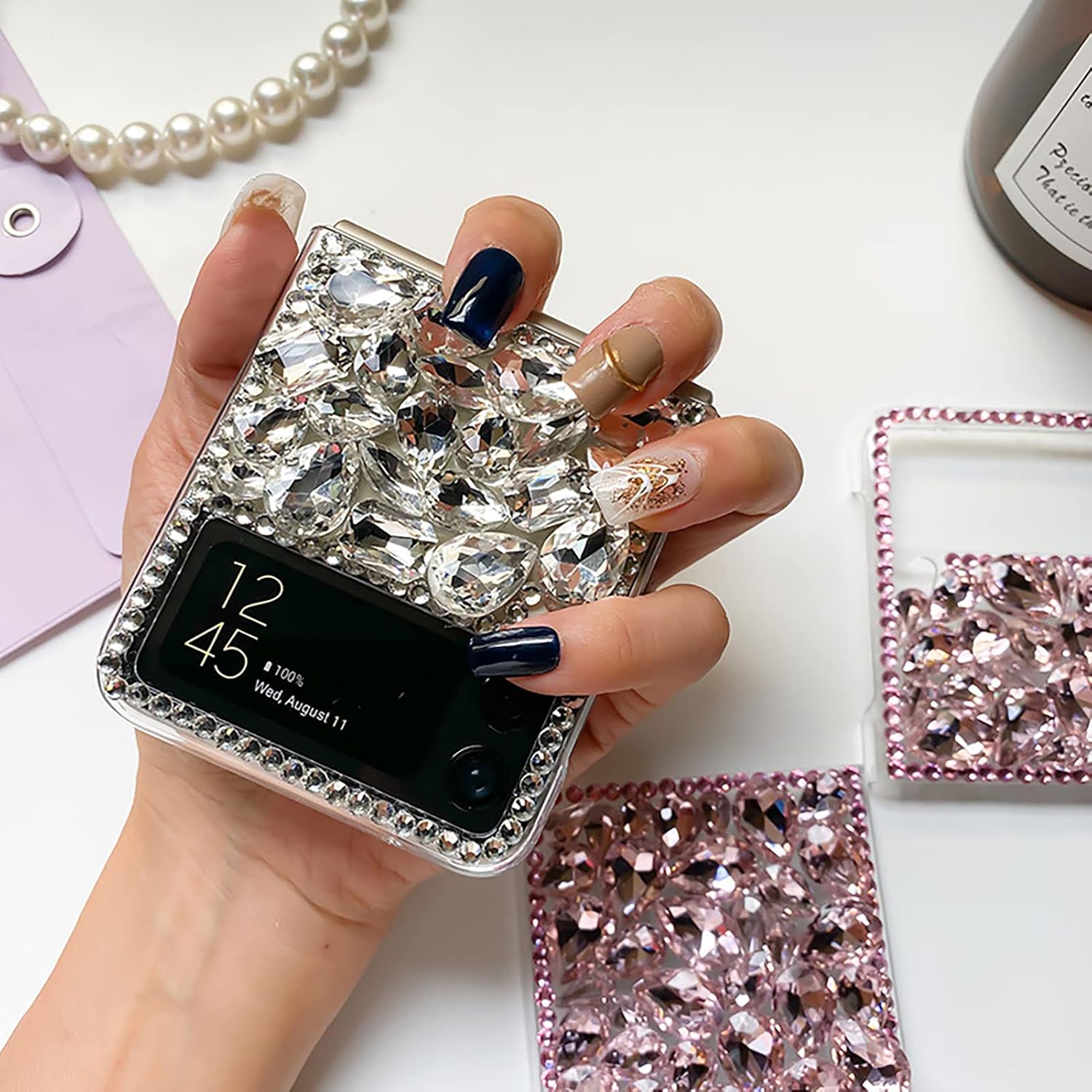 Diamond Case for Samsung Galaxy Z Flip 4 5G 2022,Sparkly Crystal Clear 3D Handmade Full Body Rhinestone Gemstone Glitter Samsung Z Flip 4 Phone Case Cover for Women Girls,White image 4
