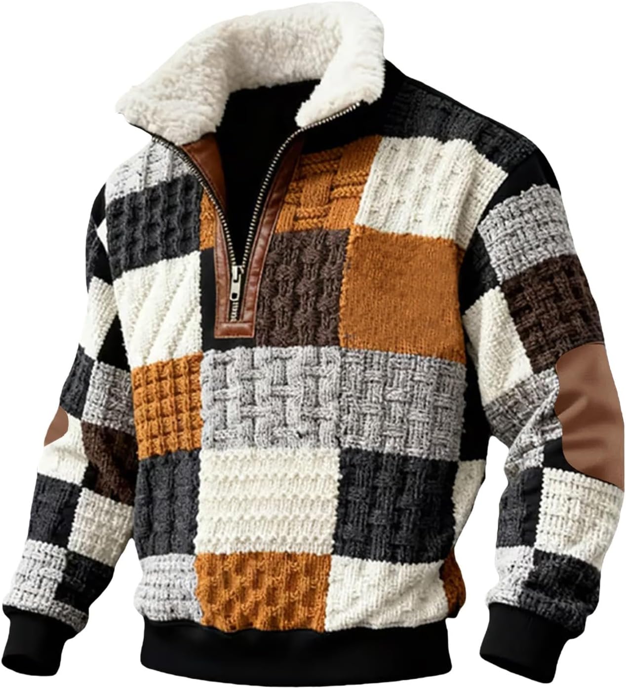 Men's Winter Pullover Thermal Jumper, Warm Cotton Coats, Patchwork Jacket Retro Color-block Matching, Outdoor With Half Zip Fleece Lined Collar