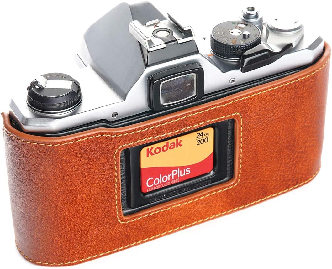 Pentax MX ME Case, BolinUS Handmade Genuine Real Leather Half Camera Case Bag Cover for Pentax MX ME Camera with Hand Strap (LavaBrown)