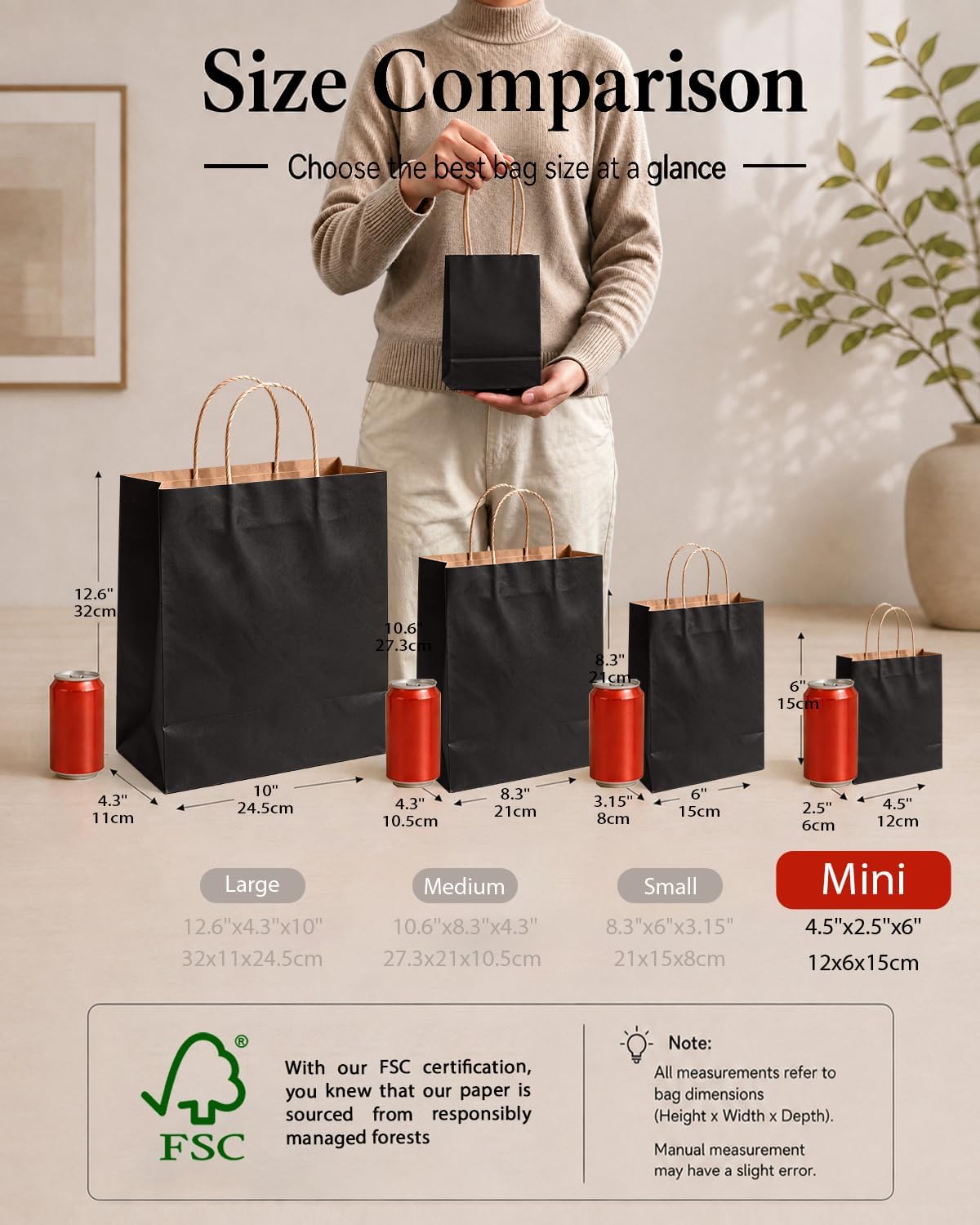 qiqee 100-Packs Black Paper Gift Bags with Handles Bulk 4.5"×2.5"×6" Mini Size Gift Bags Multiple Uses image 2
