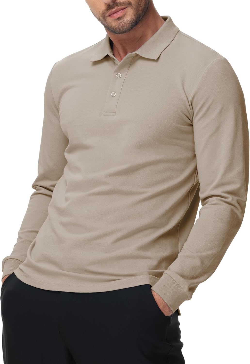 MIER Polo Shirts for Men Cotton Long Sleeve Golf Tennis Collared Shirt for Casual Work Travel, 3 Buttons, Ultra Soft - Image 2