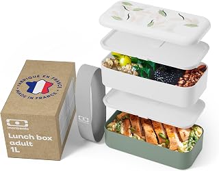 monbento - Lunch Box Tartera Original Graphic Green Leaves Made in France - Bento Box of 2 Airtight Compartments - Lunch Bag for Work/Picnic - BPA Free and Durable - Natural Pattern