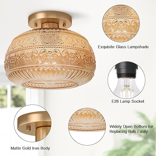 Miniatura 7 de Lámpara de techo semiempotrada, 11 pulgadas, luces doradas vintage para pasillo con vidrio ámbar para cocina, pasillo, baño y entrada, compatible