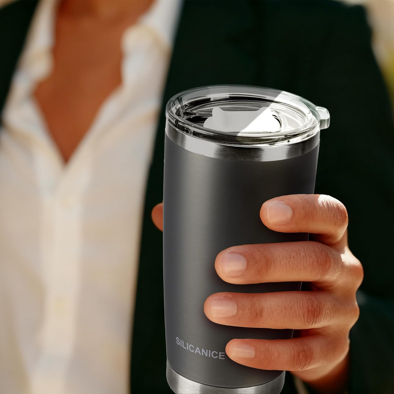 Coffee Tumbler 20 oz, Double Wall Stainless Steel Travel Coffee Mug with Removable Slider Lid, BPA Free, Car Cup Holder Compatible - Gym/Office/Travel/Home - Metal Gray