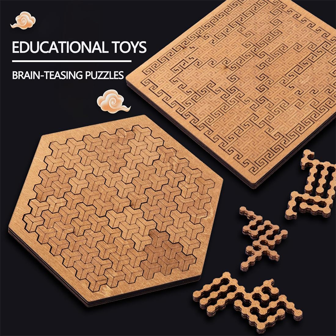 Rompecabezas de Bandeja Fractal, Rompecabezas de Madera Educativo for Adultos, desafío de Rompecabezas de Madera Irregular Duro for Juegos de Entrenamiento Cerebral (4 Piezas)