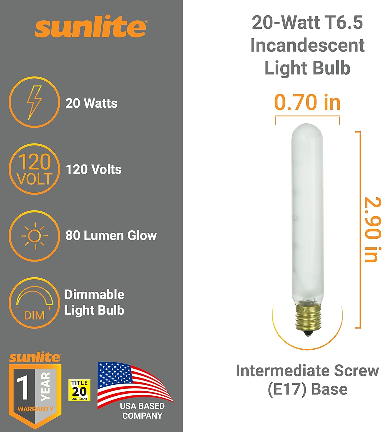 Sunlite 41720 Incandescent T6.5 Tubular Light Bulb, E17 Intermediate Base, 20 Watts, 80 Lumens, Dimmable, Mercury Free, Title 20 Approved, 2600K Warm White, Clear Glass, 25 Count