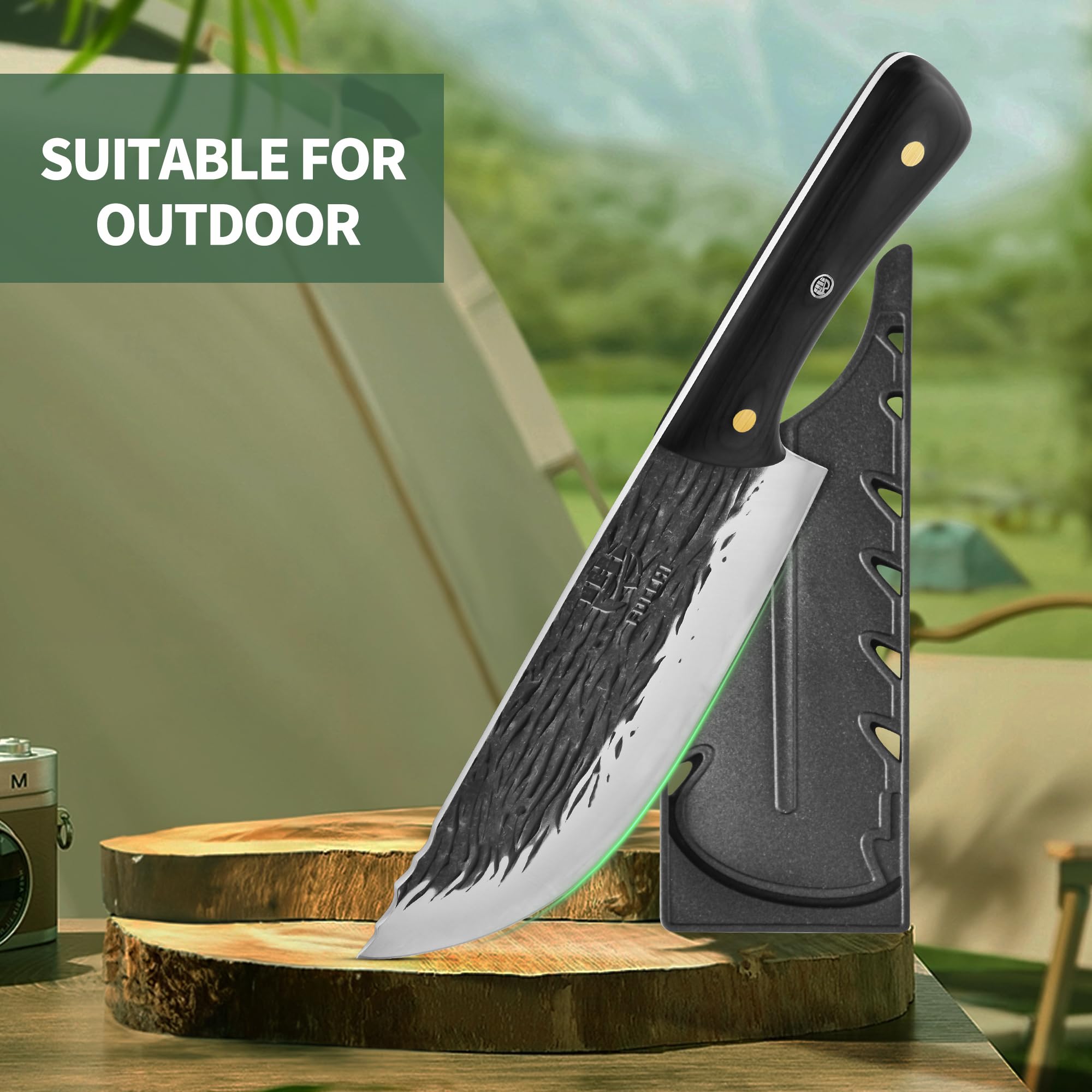 FULLHI Couteau de boucher à manche en bois avec étui, acier à haute teneur en carbone pour trancher la viande pour le camping et le barbecue (Noir, Couteau de chef)