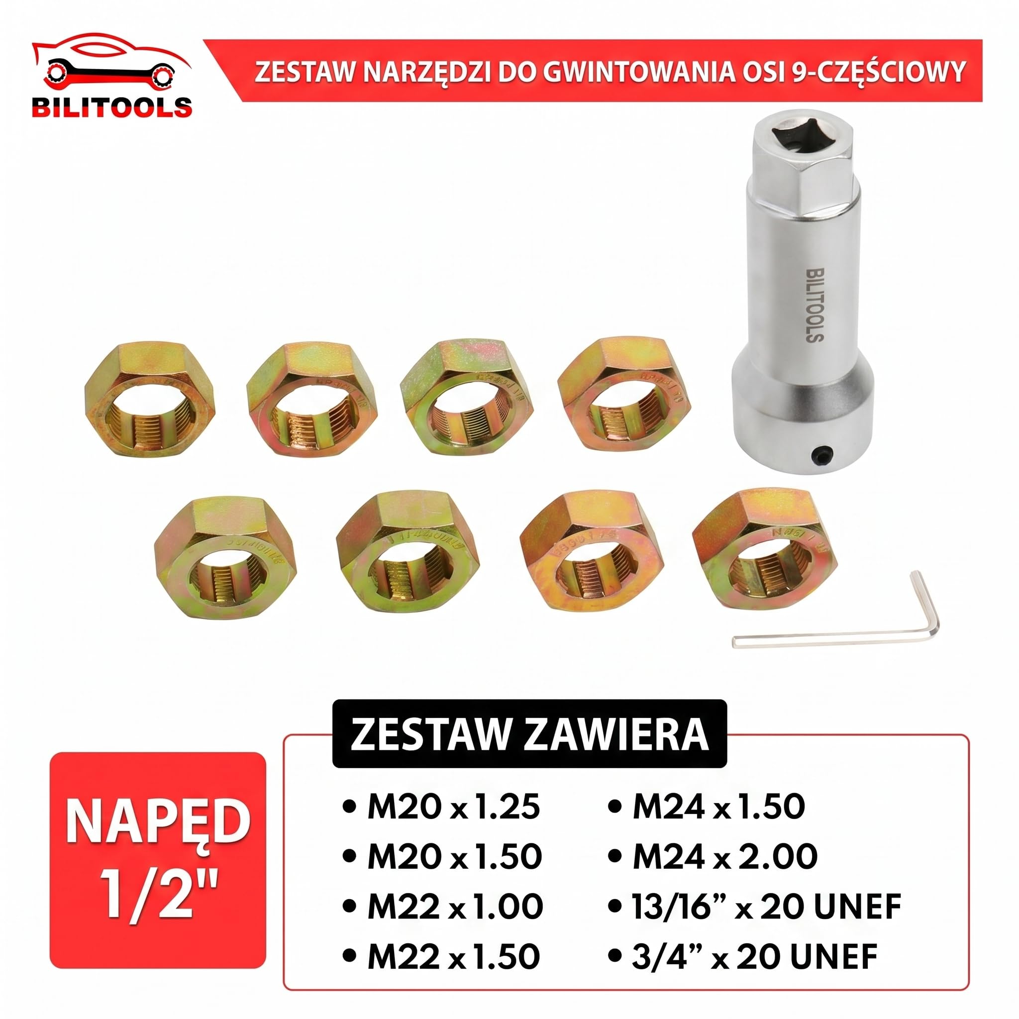BILITOOLS 9-Piece Axle Spindle Thread Chaser Set, Thread Rethreading Restorer Tool Metric M20 M22 M24 & UNF 13/16”3/4”