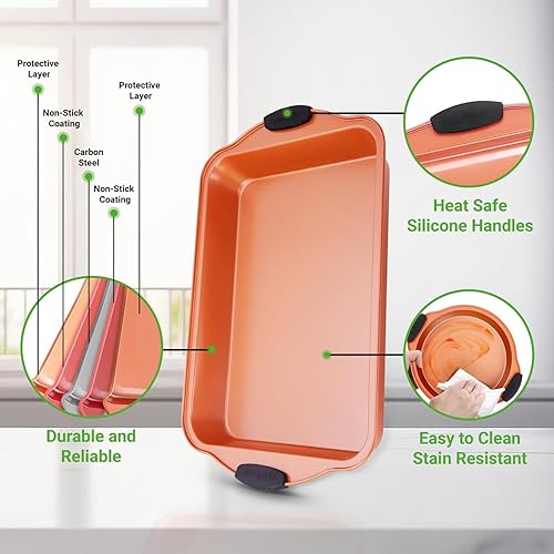 Miniatura 5 de NutriChef Juego de 8 sartenes para hornear, antiadherentes de acero al carbono con asas de silicona resistentes al calor, incluye molde para pan,