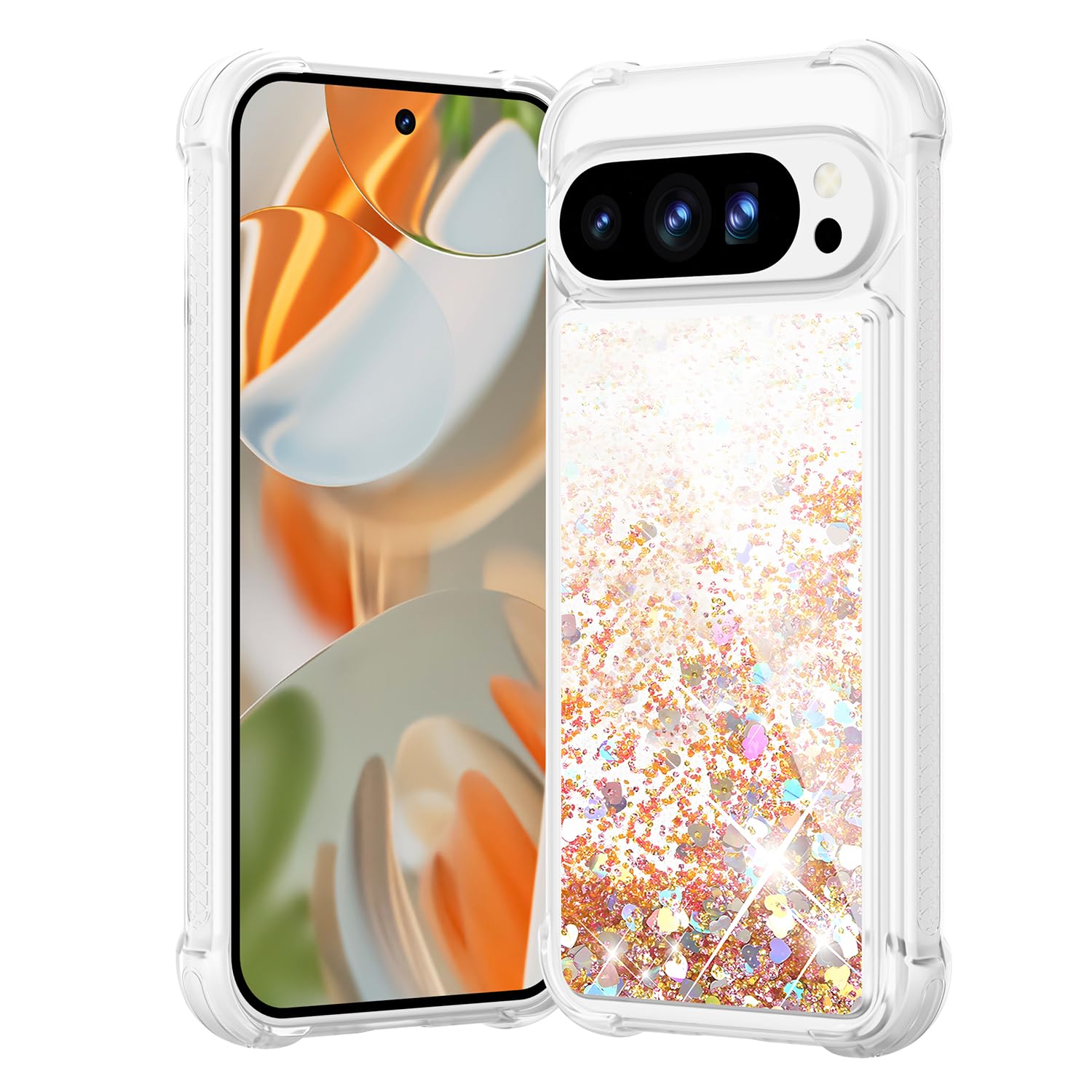 Coque Pixel 8A paillettes et sable liquide doré antichoc silicone