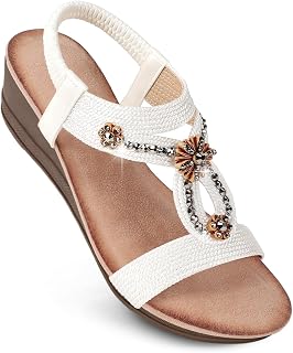 Wedge Sandals for Women Dressy, Woman's Sandal Comfortable Low Wedges Heels Ankle Elastic Strap Sandles with Flower Rhinestones