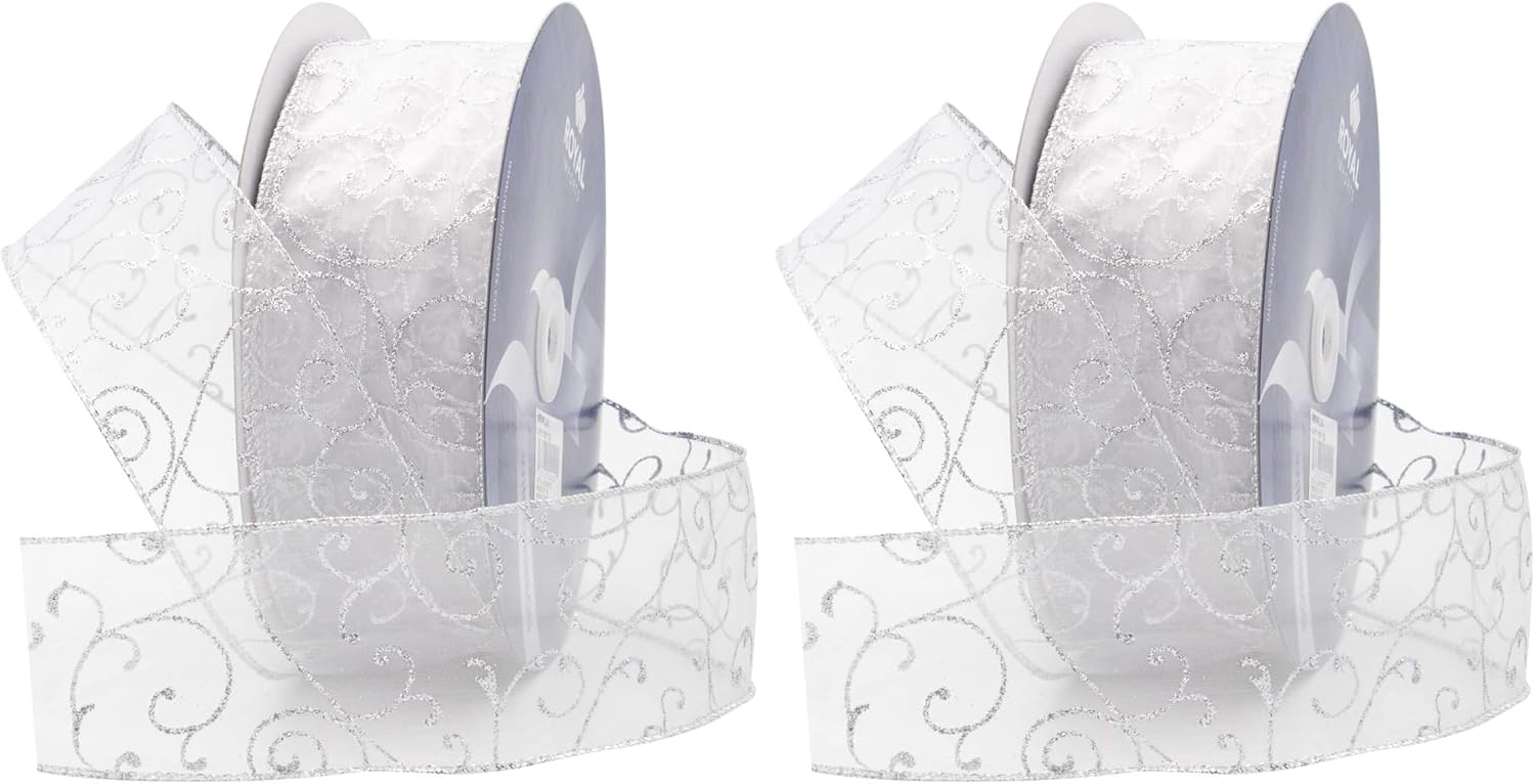Royal Imports Silver Organza Glitter Wired Sheer Ribbon - Silver Edge, 2.5" (#40) Swirl Design for Floral, Craft, Holiday Decoration, 50 Yard Roll (150 FT Spool) Bulk (Pack of 2)