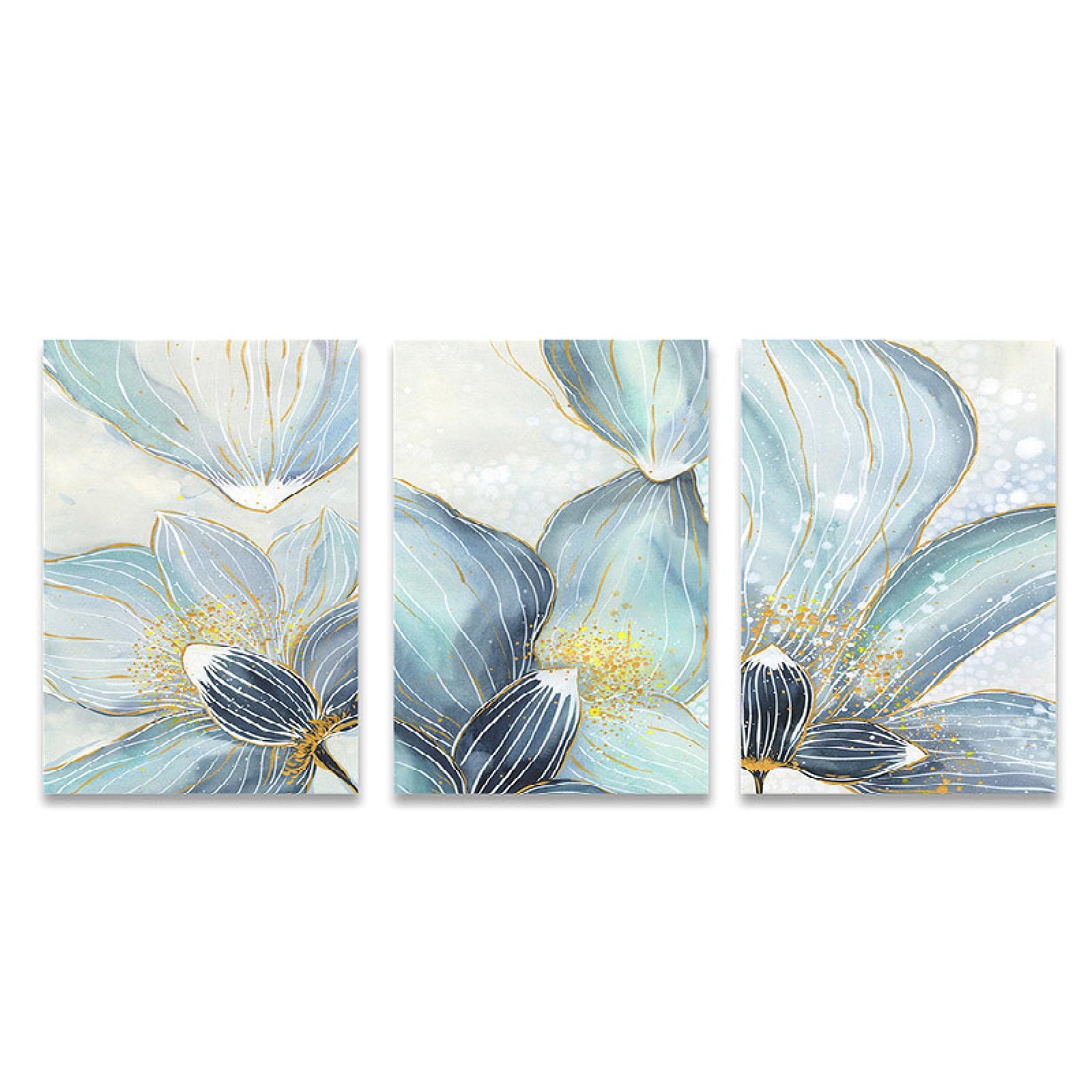 Impression sur toile premium fleur lotus bleu et feuille d'or triptyque - 8