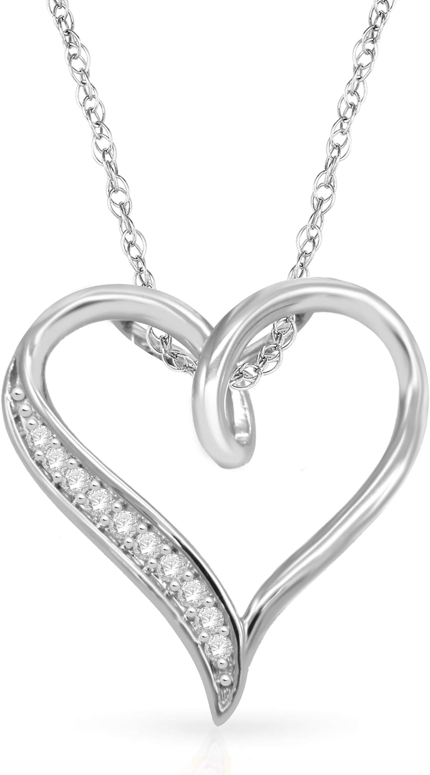 1/10 Cttw Diamond Heart Necklace for Women in Rhodium Plated 925 Sterling Silver Color H-I/Clarity I2-I3