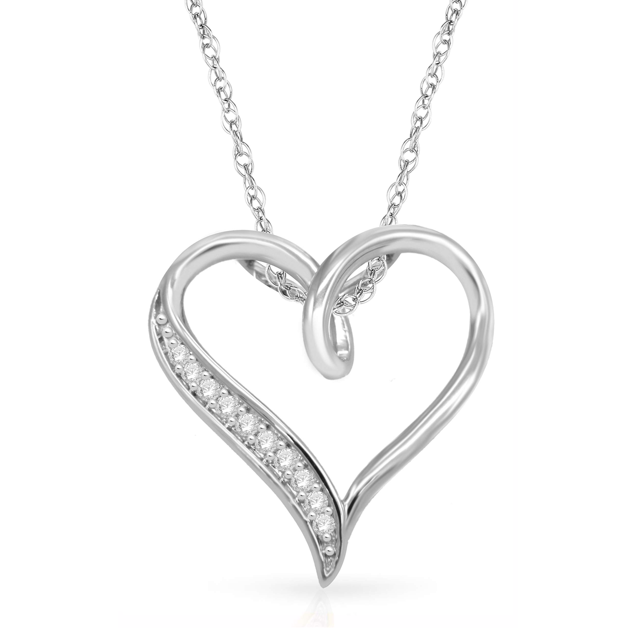 1/10 Cttw Diamond Heart Necklace for Women in Rhodium Plated 925 Sterling Silver Color H-I/Clarity I2-I3