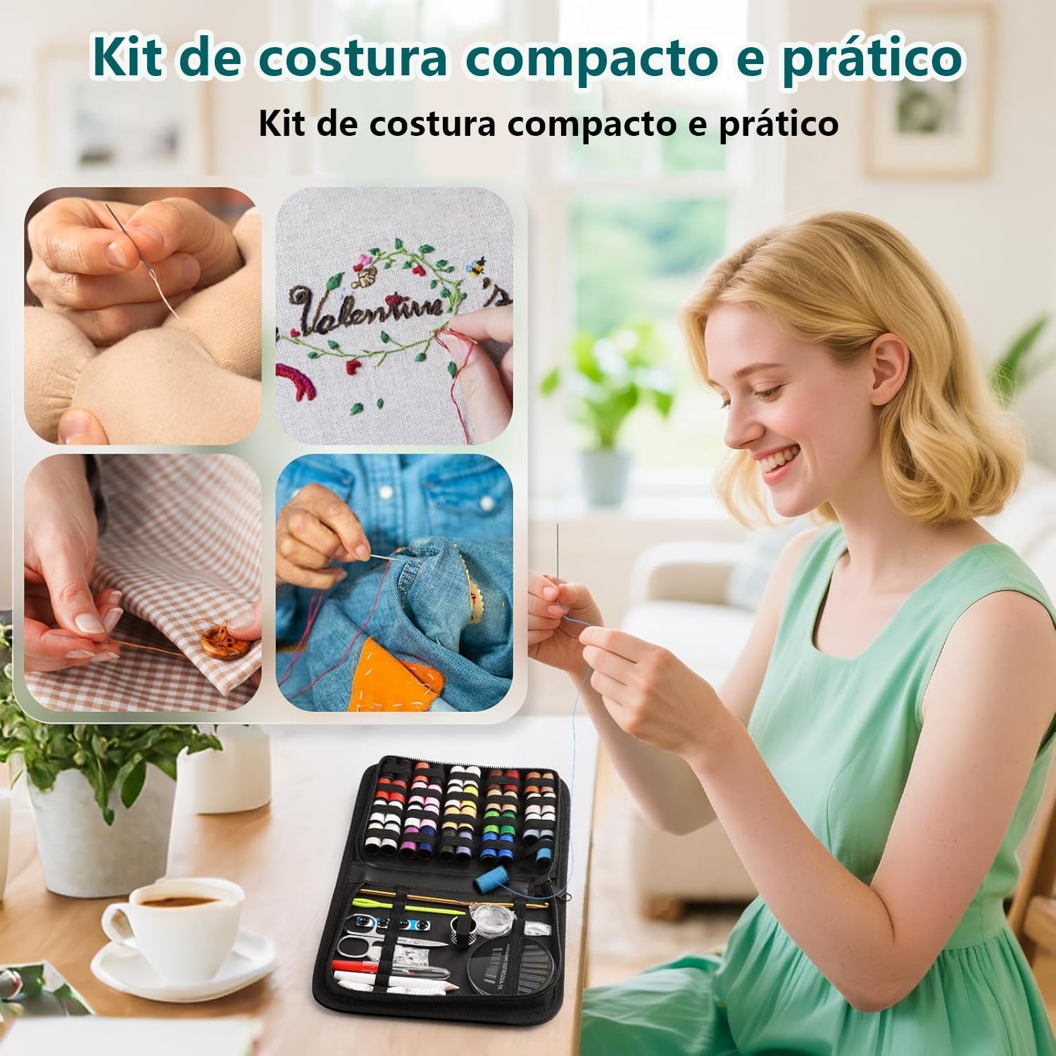 Kit de Costura Portátil Completo, 128 Peças, Estojo Preto com Linhas Coloridas, Agulhas, Tesoura, Acessórios para Reparo e Costura Kit de Costura Portátil Completo, 128 Peças, Estojo Preto com Linhas Coloridas, Agulhas, Tesoura, Acessórios para Reparo e Costura