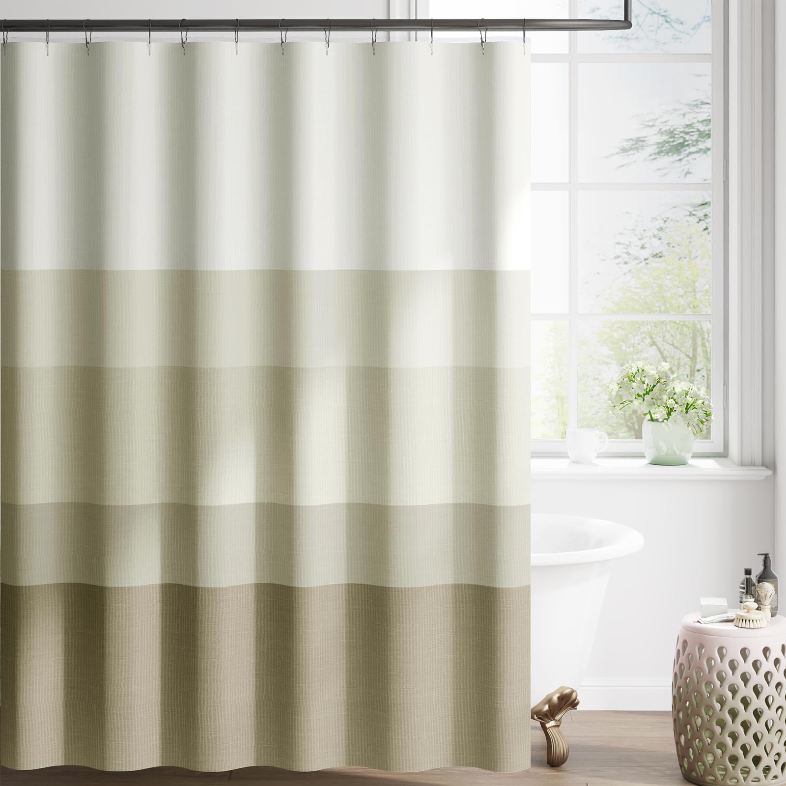 Ombre Wood Taupe Striped Shower Curtain Waterproof Fabric Shower Curtains for Bathroom Gradual Color Minimalist Design Modern Neutral with 12 Hooks 70x72 Inches