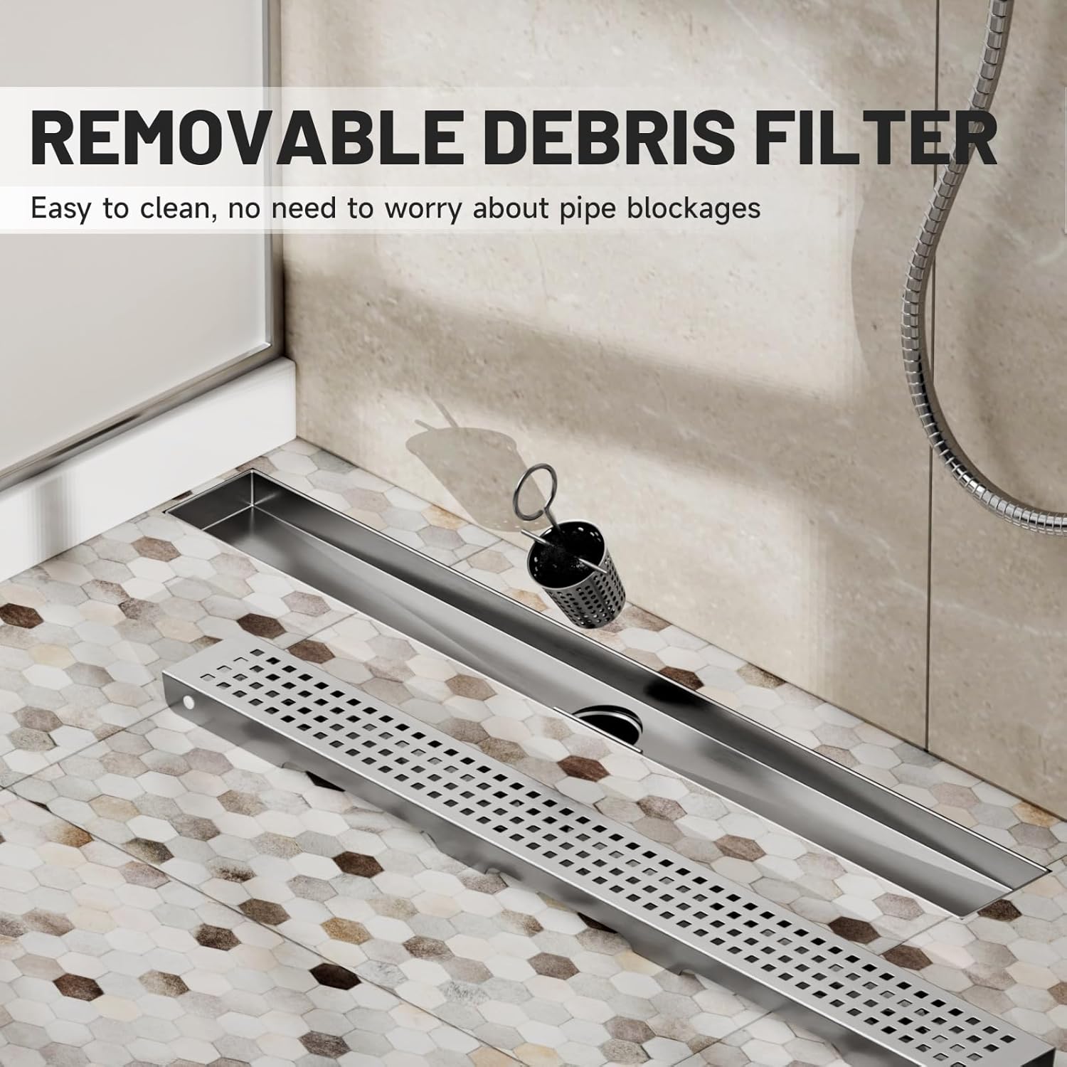 Linear Shower Drain, 24 Inch Linear Drain with Brick Pattern Grate 304 Stainless Steel Shower Drains, Rectangular Shower Floor Drain w/Leveling Feet, Hair Trap for Bathroom and Balcony Brushed Nickel