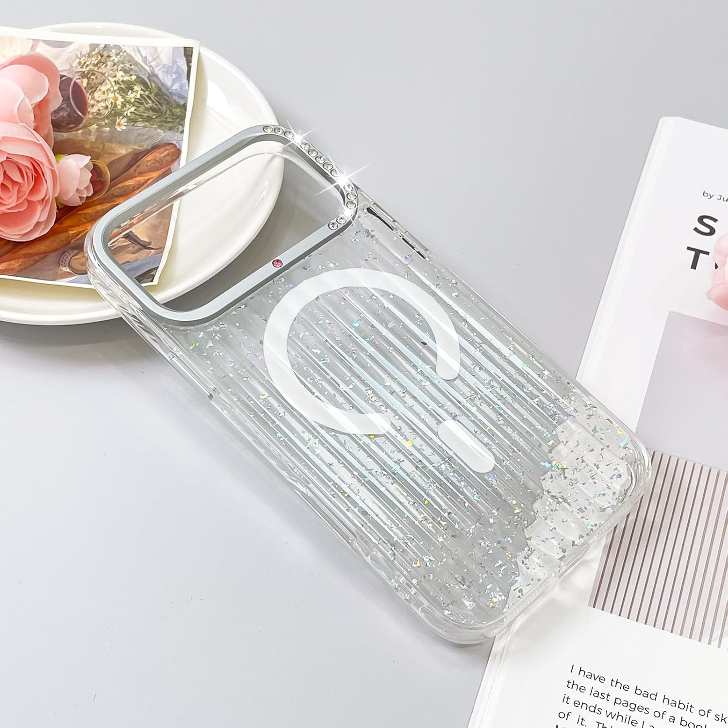 SAKULLO for iPhone 17 Pro Max Case Clear Glitter, Sparkly Bling Magnetic Cover Compatible with Magsafe Transparent Shockproof Heavy-Duty Protection for Girls Women 6.9inch, White Glitter - Image 4