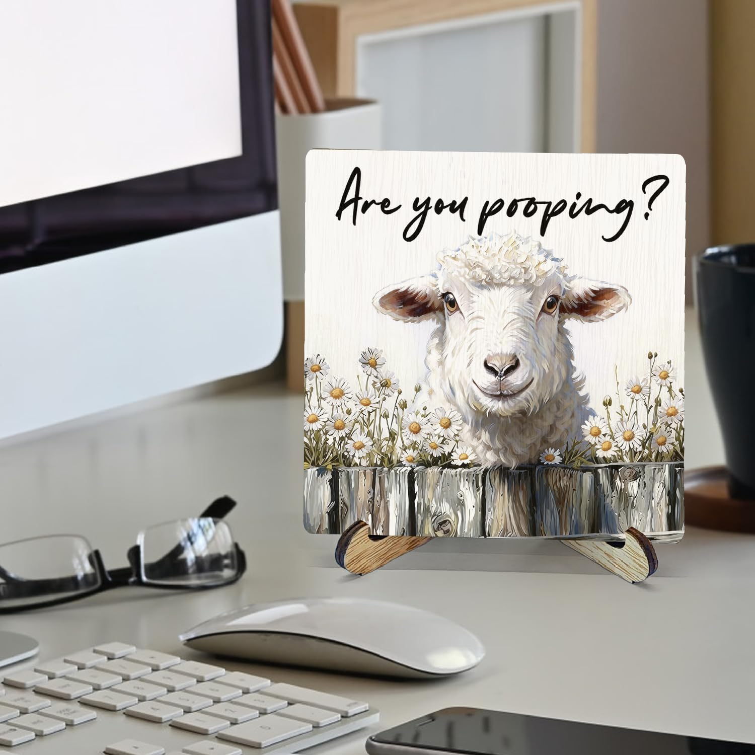 Farmhouse Sheep Bathroom Wooden Sign Decor, Are You Pooping Rustic Daisy Lamb Wood Plaque Sign With Stand for Bathroom Washroom Restroom Toilet Shelf Counter Decoration, 5x5 Inch image 2