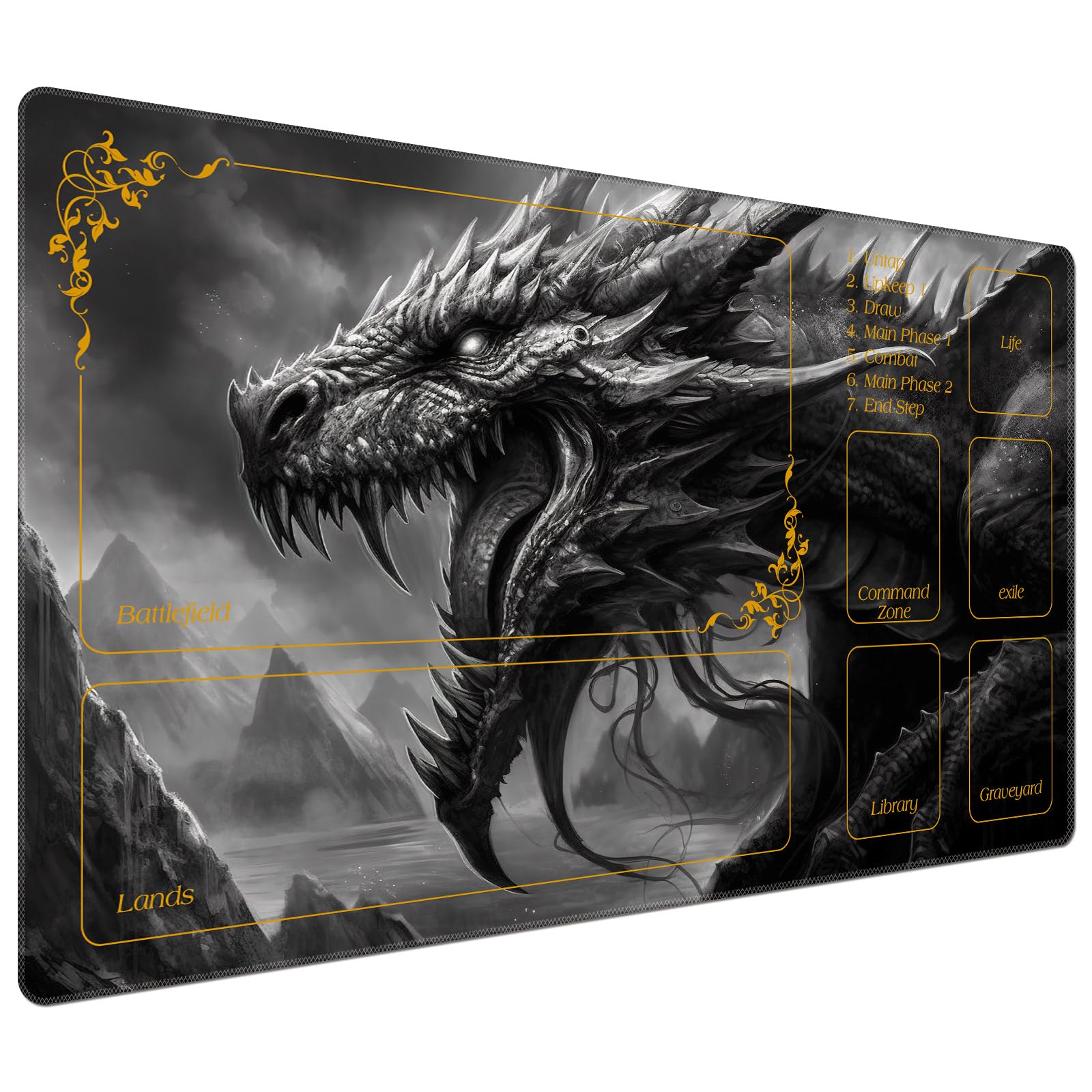 DEGDFSGR for MTG Playmat with Zones 24 x 14 inches for TCG Playmats Non-Slip Rubber Base Commander Play Mat for Lorcana Trading Card Game, Cool Dark