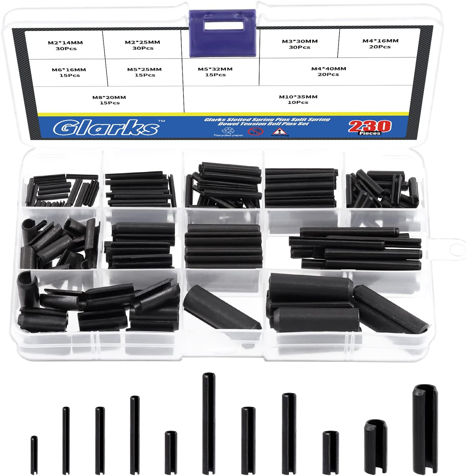 Glarks 230Pcs 11 Sizes Roll Pin Set, M2 M3 M4 M5 M6 M8 M10 Slotted Spring Pins Split Spring Dowel Hardware Assortment Kit for Home Improvement Automotive Repair