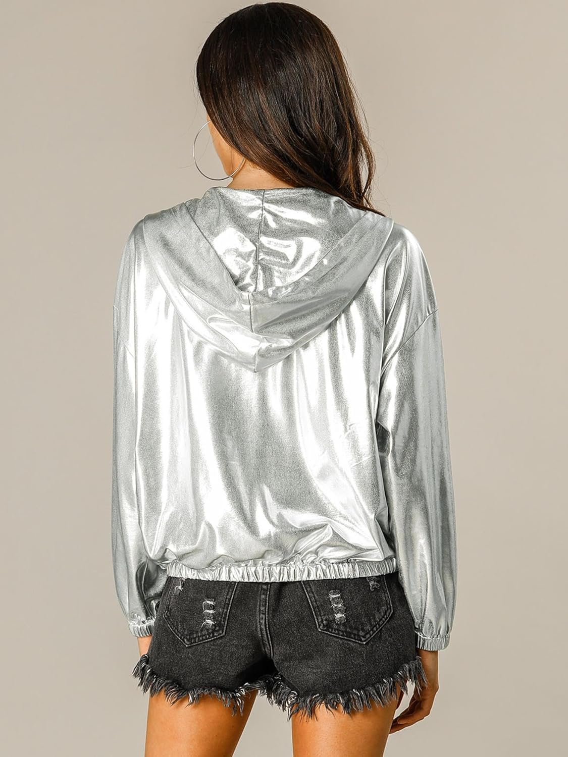 Allegra K Women's Holographic Party Shimmering Shiny Lightweight Zipper Hooded Metallic Jacket