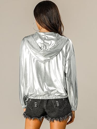 Miniatura 5 de Allegra K Chaqueta metálica con capucha y cremallera holográfica brillante y ligera para mujer