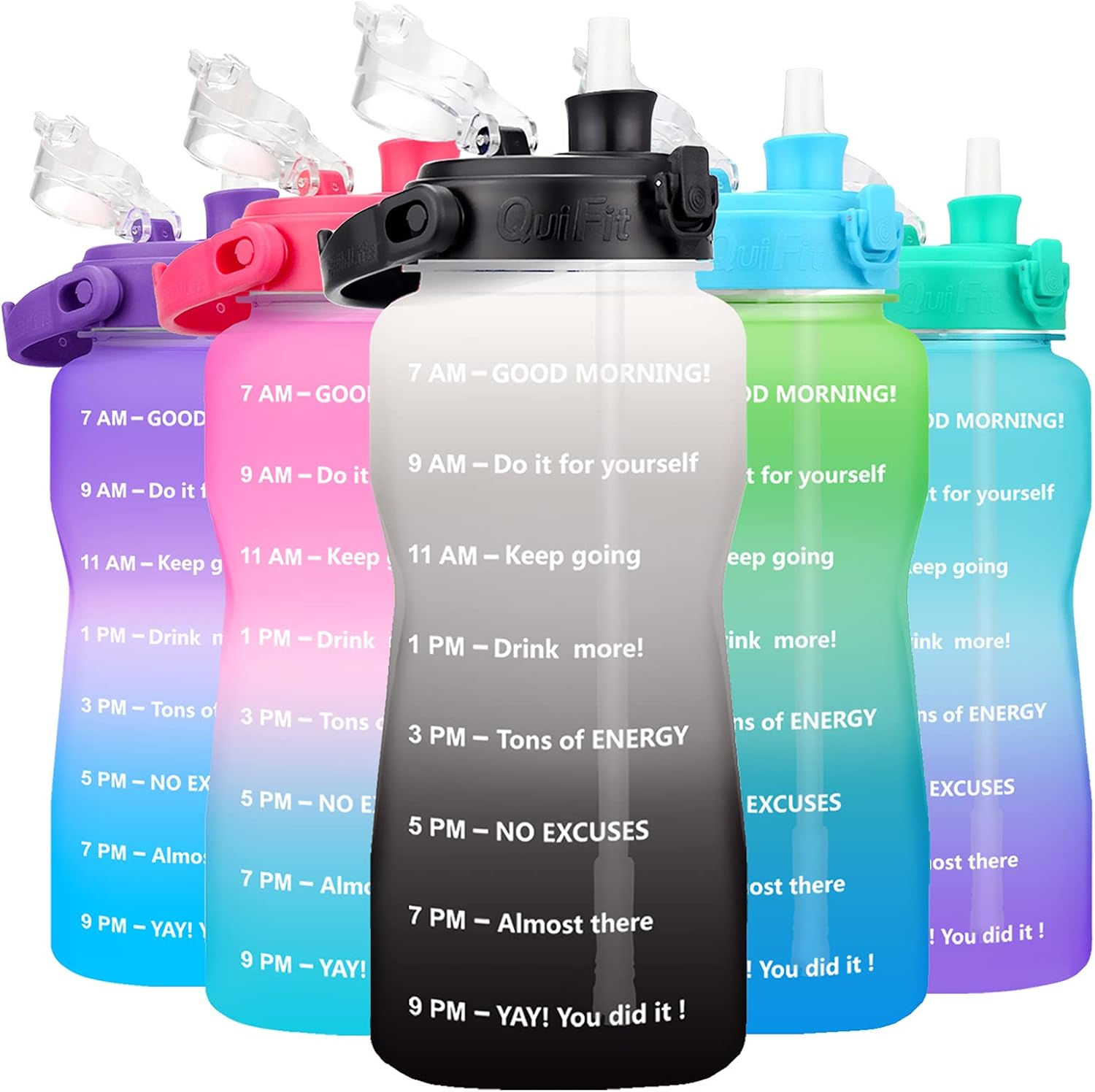 BuildLife Half Water Bottle BPA Free with Removeable Straw & Time Marker Wide Mouth Large Water Jug Reusable Leak-Proof(Gray/Black,64OZ)