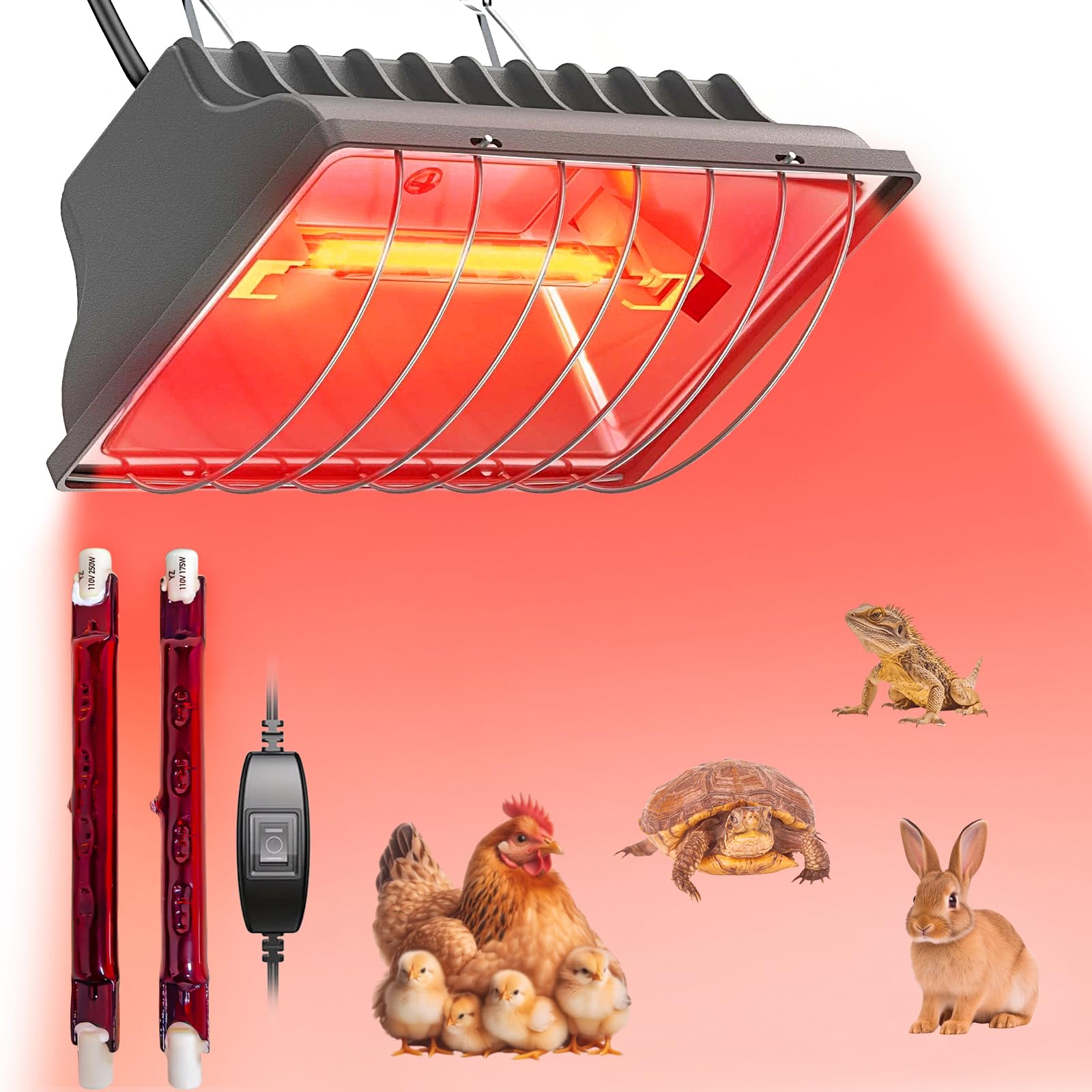 Calentador para Gallinero, Lámpara Infrarroja Impermeable de 250 W, Calentador de Invierno, Termostato para Aves de Corral con Ajustable para Pollitos, Cachorros, Gatos, Cerdos, Perros y Reptiles