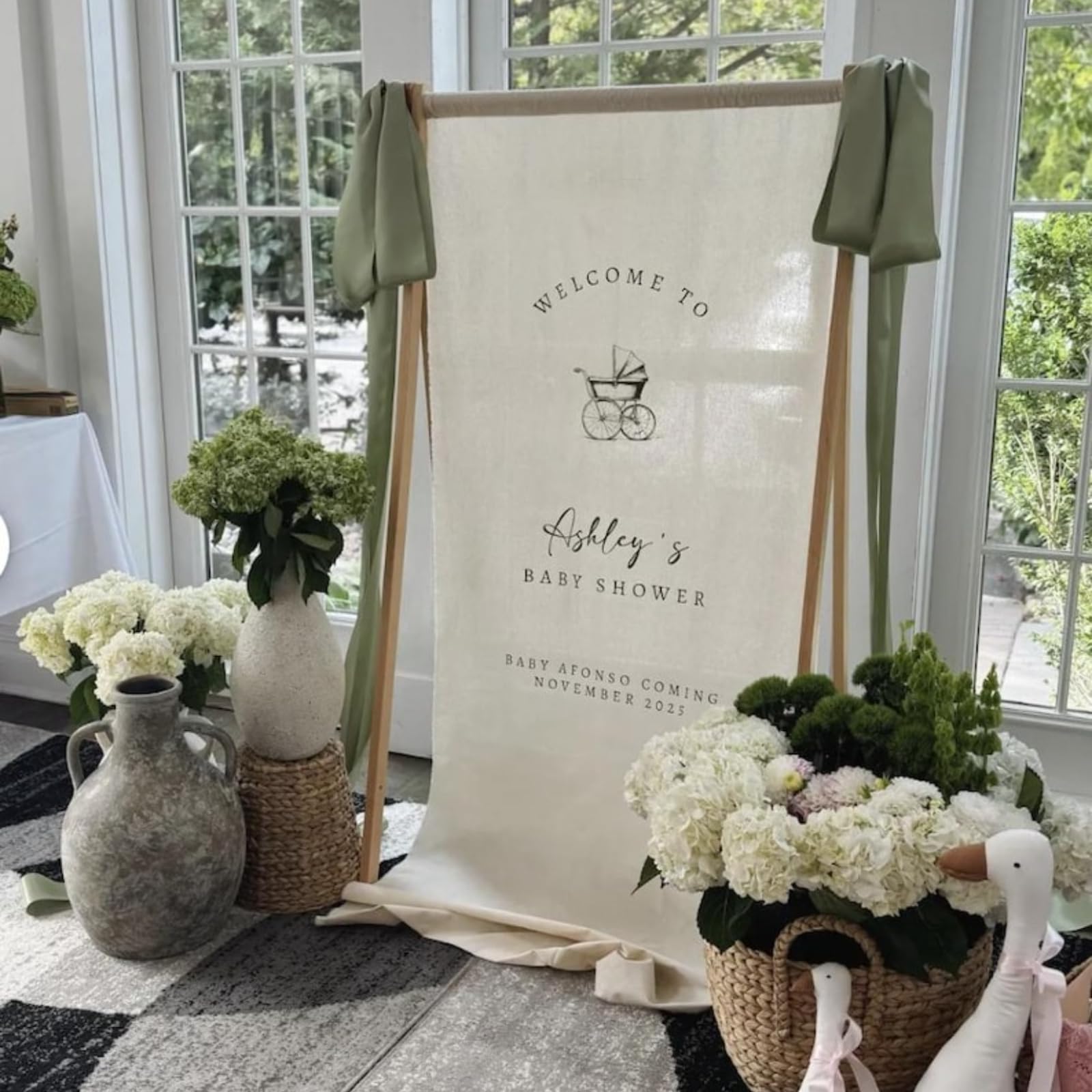 Custom Baby Shower Fabric Welcome Sign,Personalized Silk Banner,Linen Signs,Custom Name Sign for Baby Shower for Garden Ceremony Lawn Outdoor Indoor (75x100cm "x39")