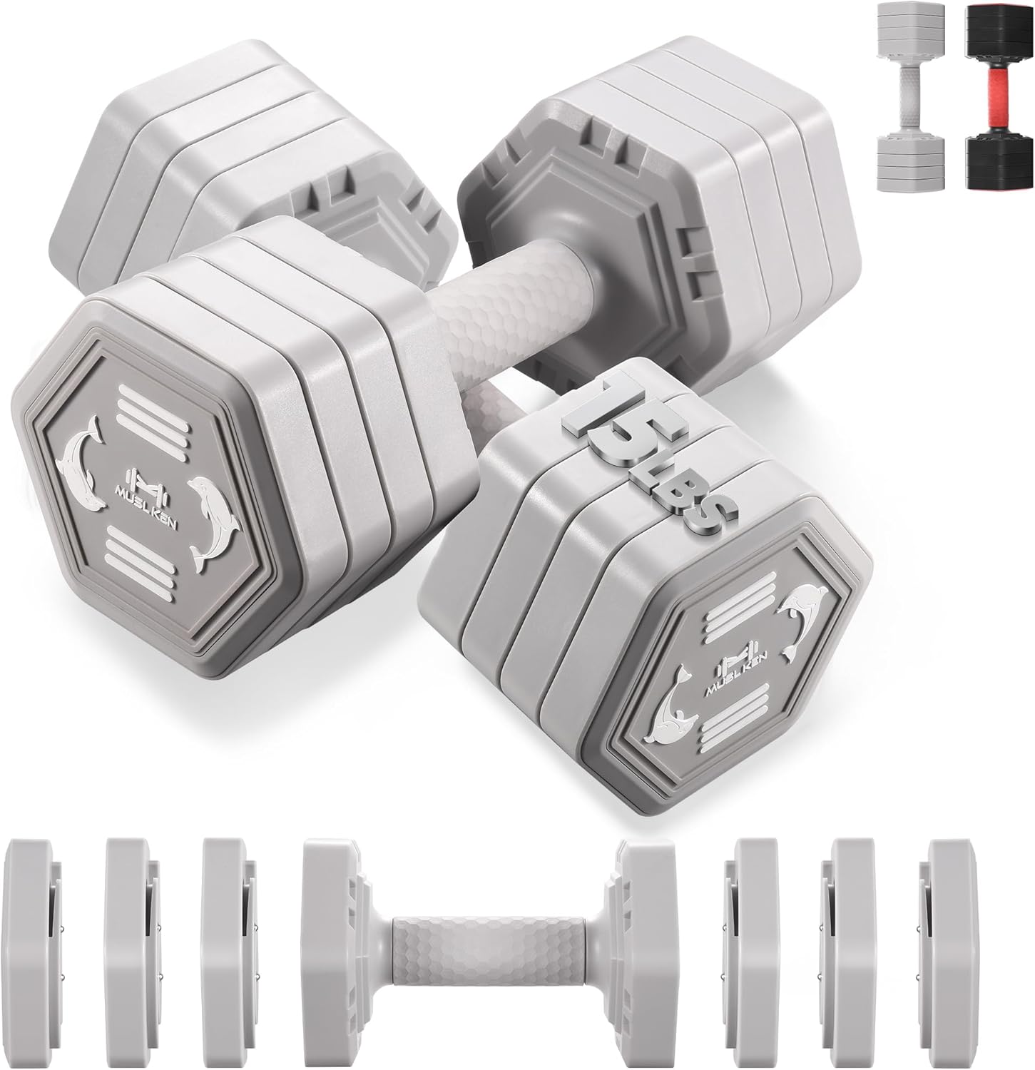 10LB/15LB Adjustable Dumbbells Set of 2, Professional Hex & Octagon Anti-Roll Weights, Fast Adjusting 4-in-1 Hand Weights with Secure Rotating Lock for Men Women Strength Training, Home Gym