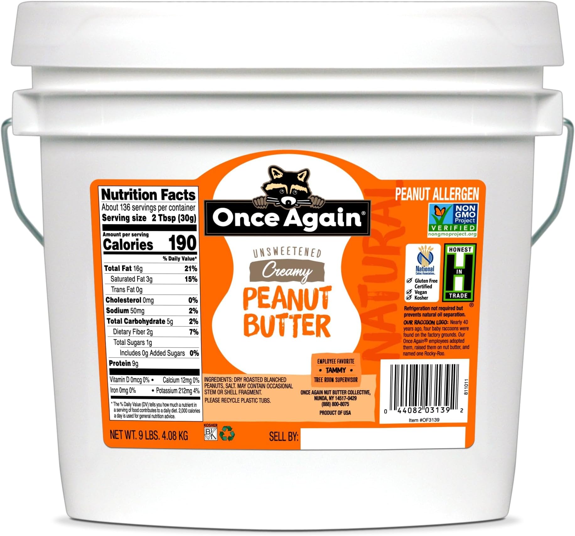 Once Again Creamy Natural Peanut Butter, Salted, No Sugar Added - 9 Pound Bulk Bucket (Same as 9 Jars) - Sugar Free Creamy Peanut Butter, No Palm Oil - Vegan, Smooth and Unsweetened
