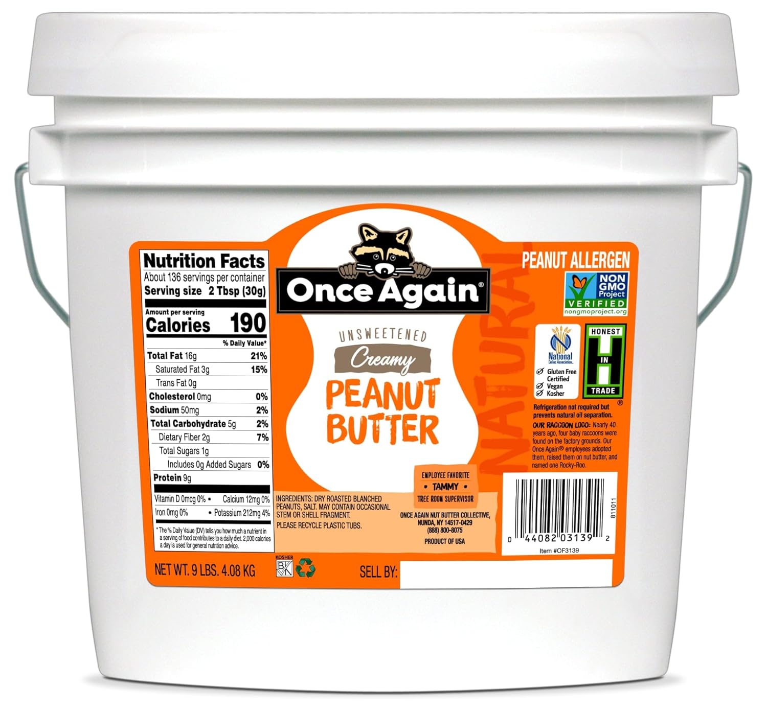 Once Again Natural Old Fashioned Creamy Peanut Butter, 9 Pound - 1 each.