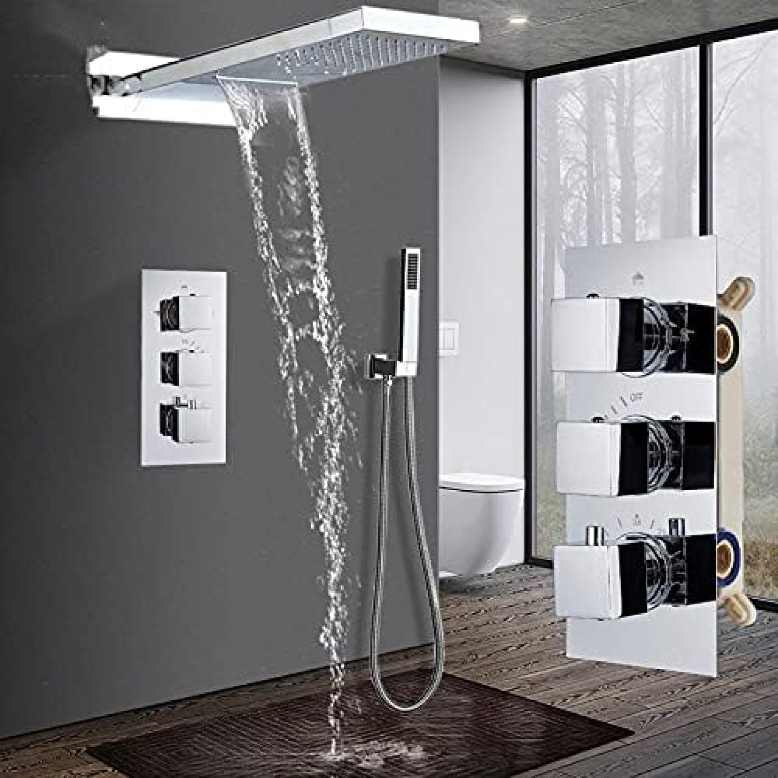 OZBMA Waterfall Rainfall Shower Faucet Thermostatic Valve Mixer Wall Mounted Set with Handshower-Matte Black,Matte Black,Shower (Matte Black) (Chrome Polish)