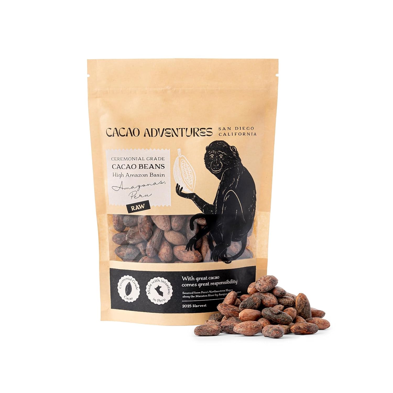 Cacao Adventures Raw Cacao Beans - Wild Strains Farmed by Awajun Communities in Peruvian Amazon, Whole Cocoa Beans for Baking, Smoothies & Snacking, 1 lb Pack