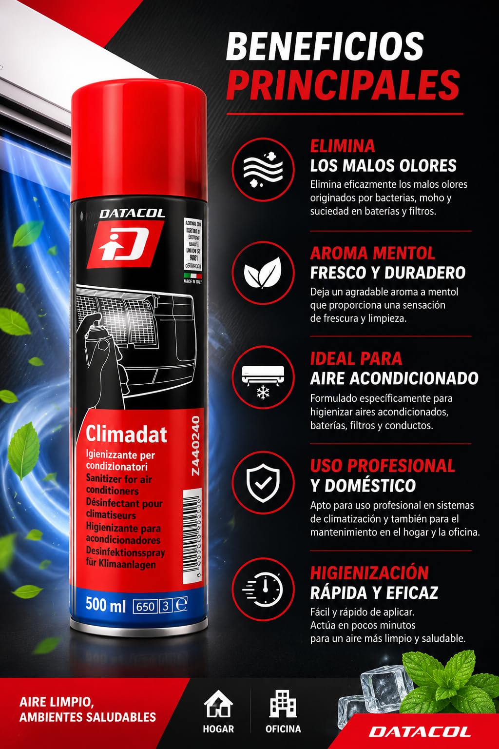 CLIMADAT Spray higienizante aire acondicionado 500 ml – Pack 6 unidades – Eliminador de olores y bacterias – Limpieza de filtros y baterías – Uso hogar y profesional
