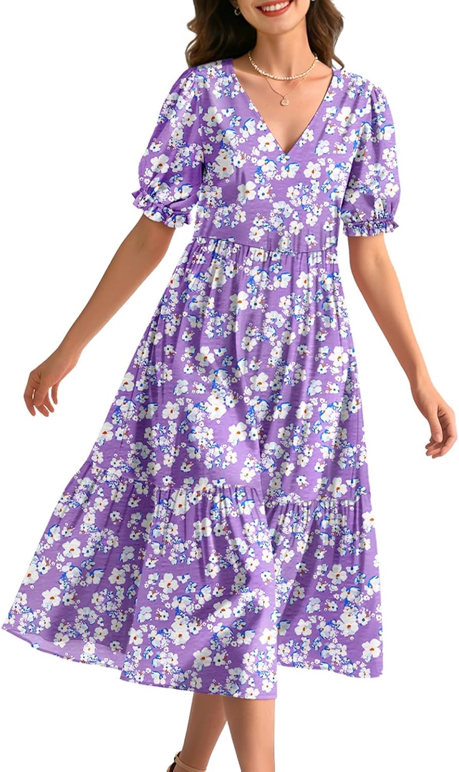 Women's Summer Boho Floral Dress V Neck Short Sleeve Midi Dresses with Pockets Beach Vacation Daily Wear