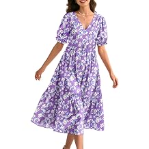 Womens Summer Boho Floral Dress V Neck Short Sleeve Midi Dresses with Pockets Beach Vacation Daily Wear