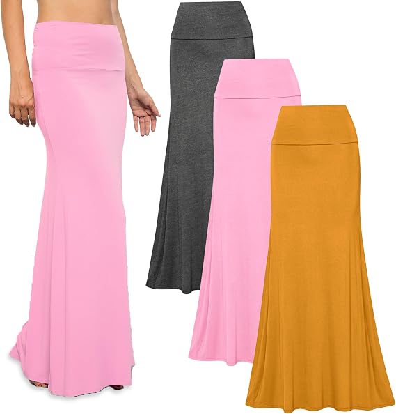 Free to Live 3 Pack Long Skirts for Women Fall Stretchy Flowy Maxi Skirt Dressy Casual for Work, Soft Fold Over High Waisted