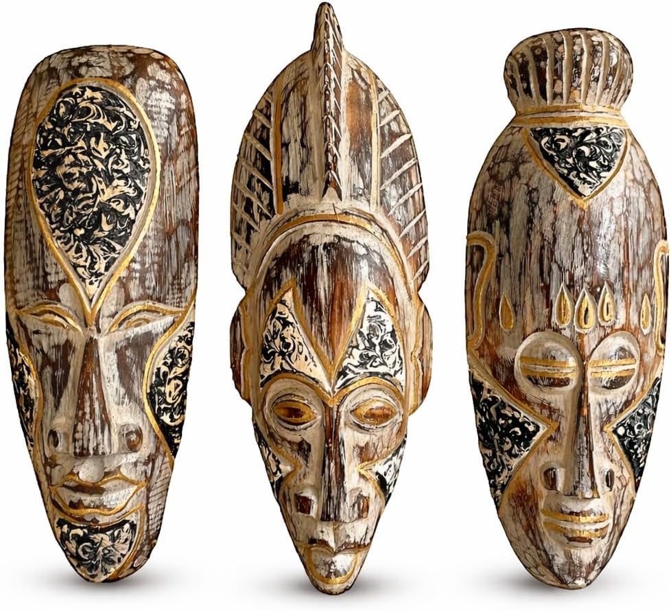 OMA Set Of Three African Decorative Masks For Fortune And Luck Wooden Hand Crafted Tiki Tribal Home Decor Gift - 12" High