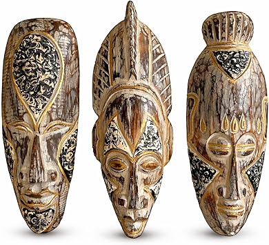 OMA Set Of Three African Decorative Masks For Fortune And Luck Wooden Hand Crafted Tiki Tribal Home Decor Gift - 12" High