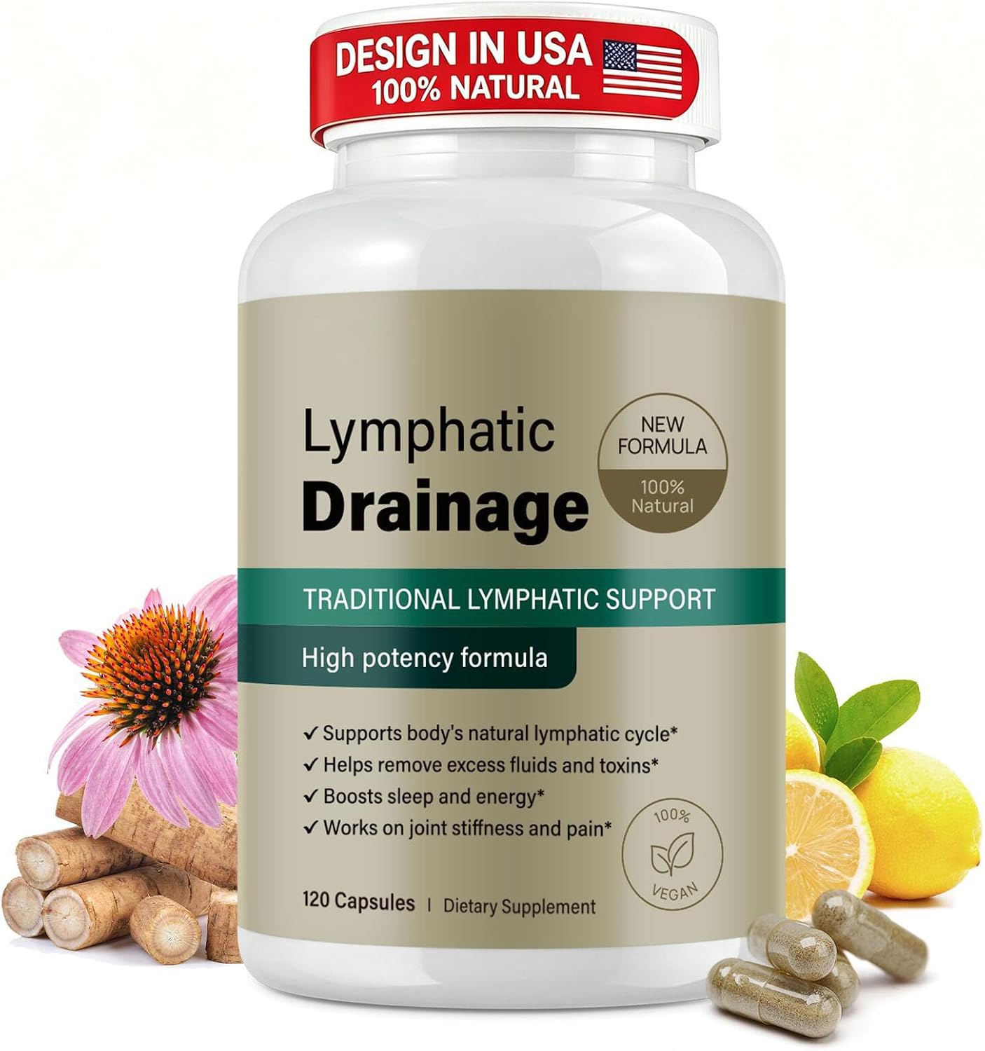 Lymphatic Drainage Supplements, Lymphatic Drainage Capsules for Immune Health & Fluid Balance – Natural Herbal with Echinacea, Dandelion & Burdock Root, Non-GMO, Vegan, Gluten Free - 120 Capsules