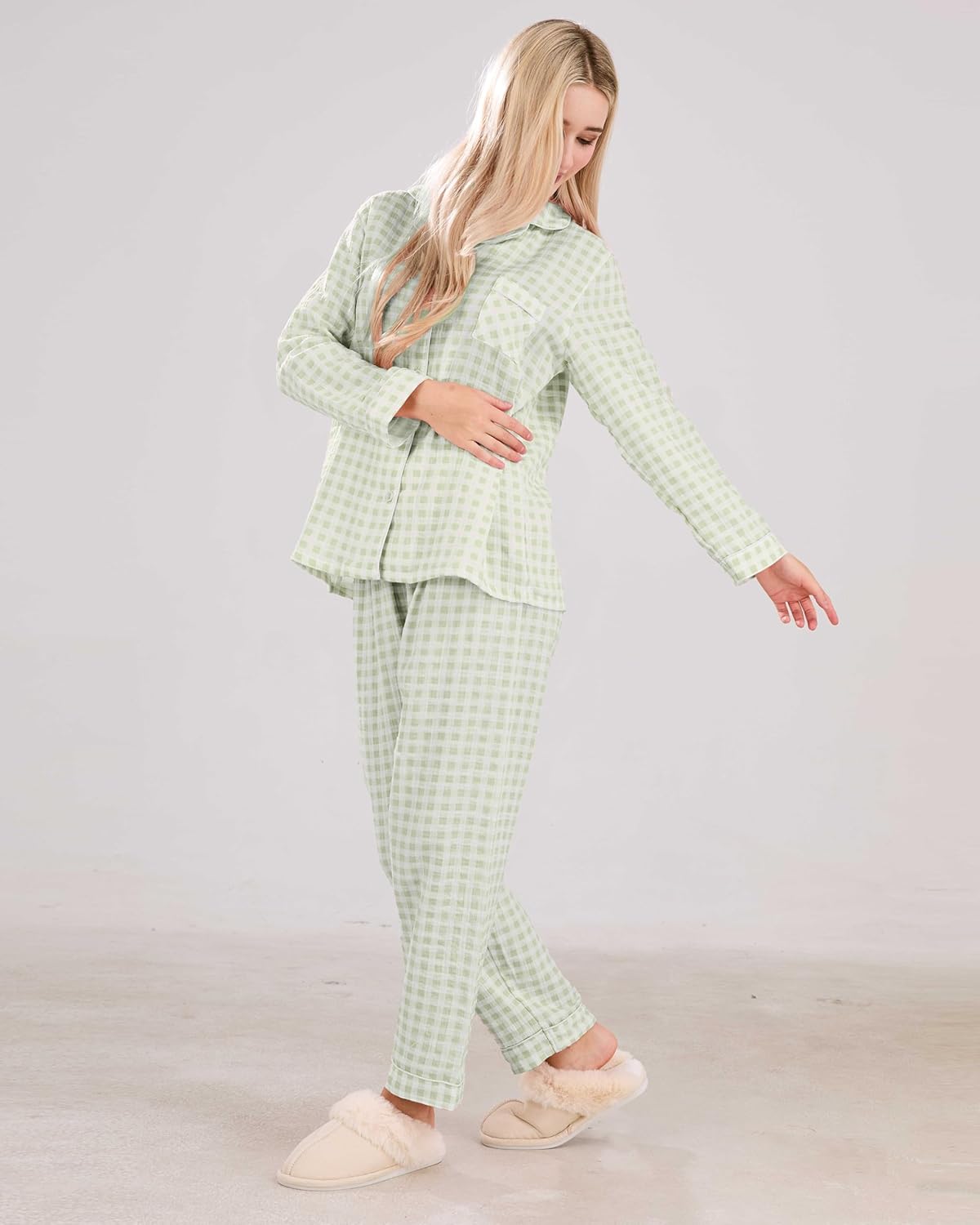 Womens Pajama Sets Cotton Gauze Plaid Long Sleeve Tops and Pants 2 Piece Loungewear Cute Gingham Pj Set - Image 3