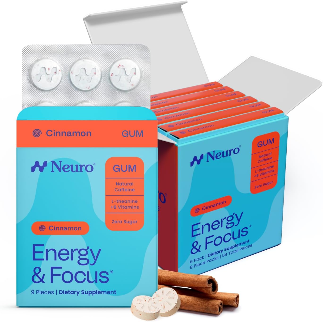 Neuro Energy & Focus Gum - 40mg Natural Caffeine Gum & Nootropic Energy Supplement with L-Theanine & B Vitamins - Sugar Free, Vegan - Cinnamon, 54ct