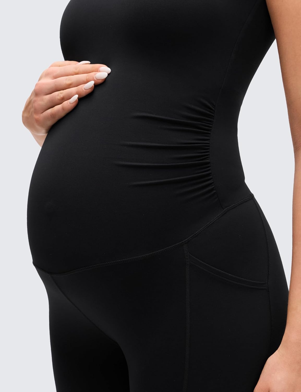 CRZ YOGA Butterluxe Maternity Workout Romper Pockets - U Neck Sleeveless Shorts Jumpsuit Pregnancy Womens Ruched Bodysuit
