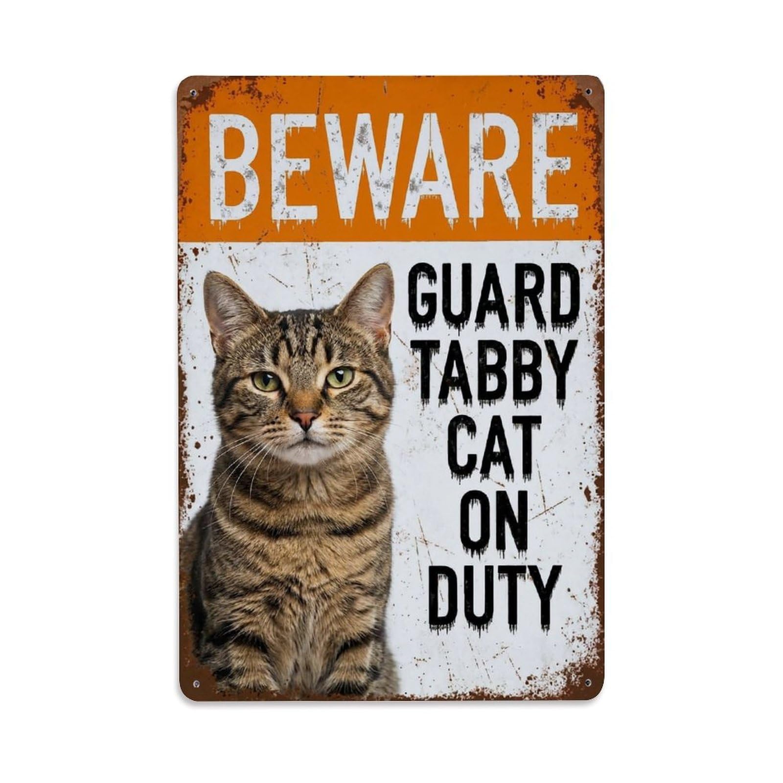 Vintage Funny Tabby Guard Beware of Cat Corner Metal Tin Sign Plaque Wall Decor for Cafe, Club Bar, Office, Garden Metal Poster 8x12Inch