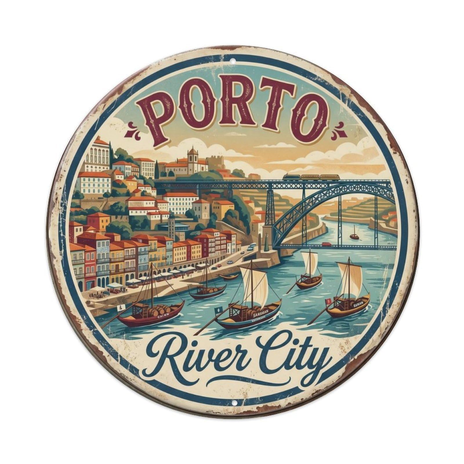 Vintage Travel Porto Ribeira Waterfront Metal Tin Sign Plaque Wall Decor for Cafe, Club, Garden Round Metal Poster 8x8Inch